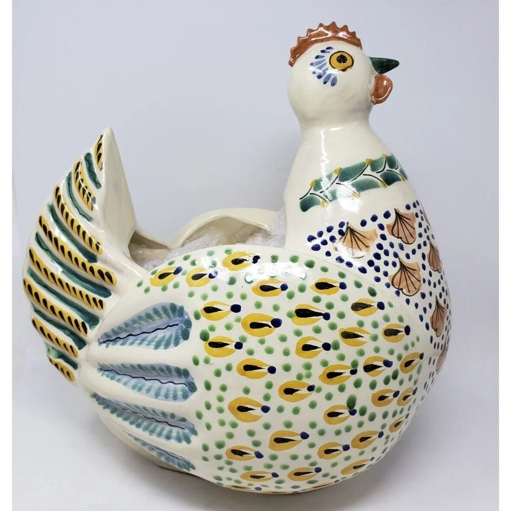 The Picket Fence Large Hand Painted Colorful Chicken Planter Mexico Terra Cotta